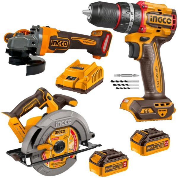 INGCO Cordless 3-Piece Combo Kit with Angle Grinder, Drill, Circular Saw, Batteries and Charger